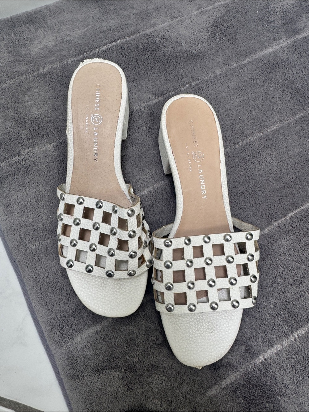 Chinese Laundry Ivory Studded Woven Slide Mules
